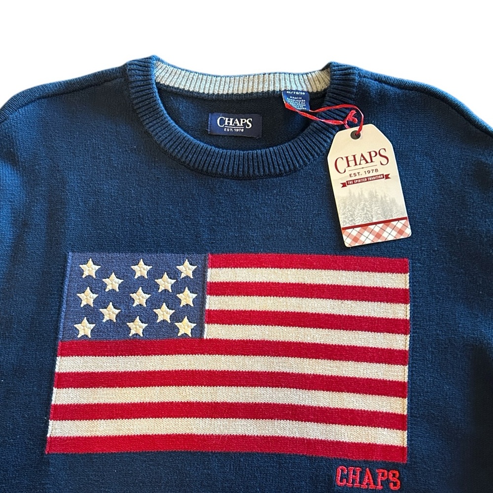 NEW Chaps Dark Blue Sweater with American Flag Design - Picture 3 of 9